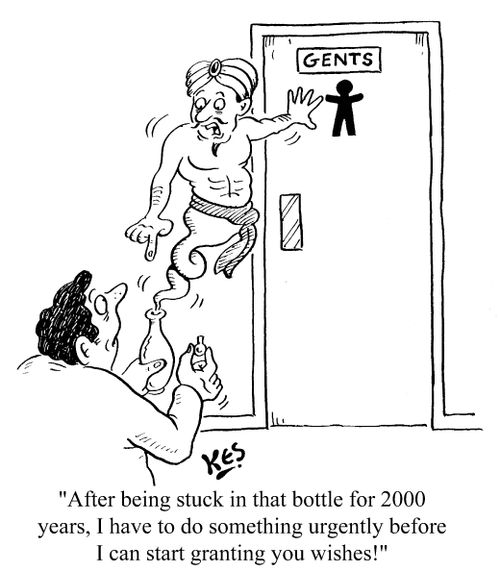 'After being stuck in that bottle for 2000 years, I have to do something urgently before I can start granting your wishes!'