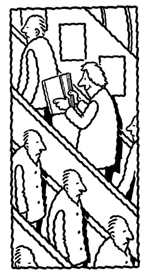 Someone reading on an escalator.