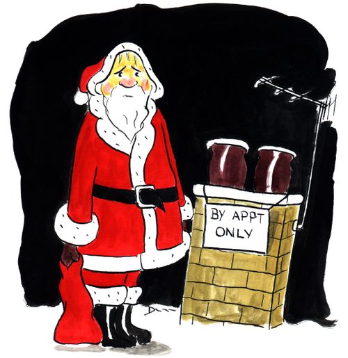 Father christmas standing by a chimmel with 'By appt only' written on it