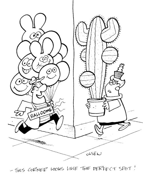 Man with balloons about to bump into a woman with a cactus