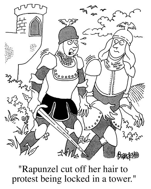 "Rapunzel cut off her hair to protest being locked in a tower"