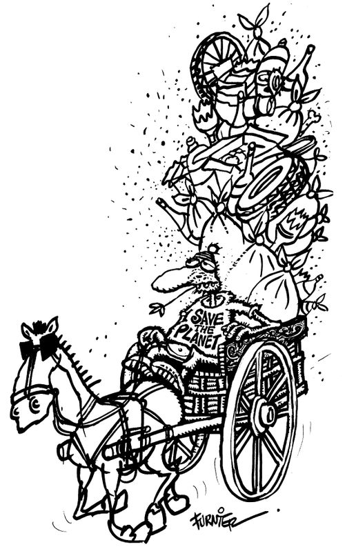 Country Bumpkin on a horse drawn carriage filled with rubbish wearing a 'Save the planet' T-shirt