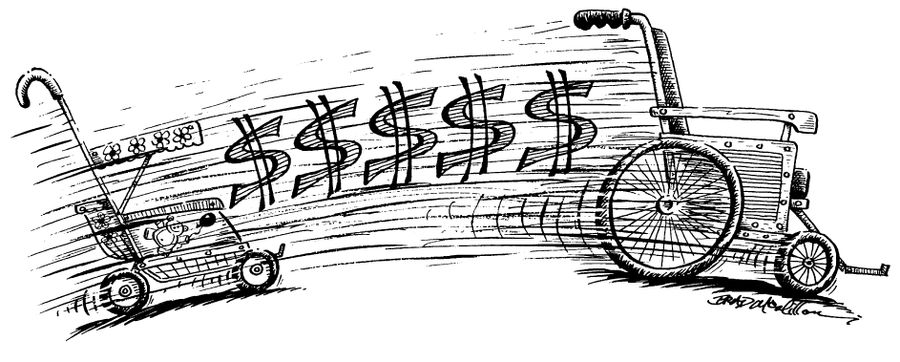 A Pram becoming a wheelchair in a flow on money.