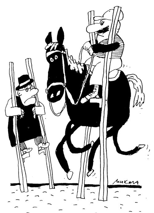 Man on stilts faces horse and rider on stilts