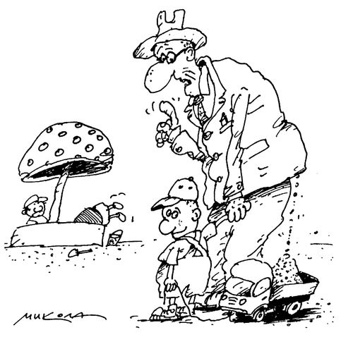 Old man stealing sand from a sand box for child