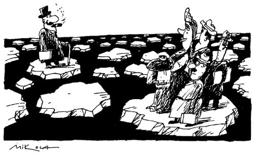 One iceberg with a rich man on it, another iceberg with several less well off people