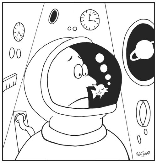 Astronaut watching Goldfish swim inside his helmet.