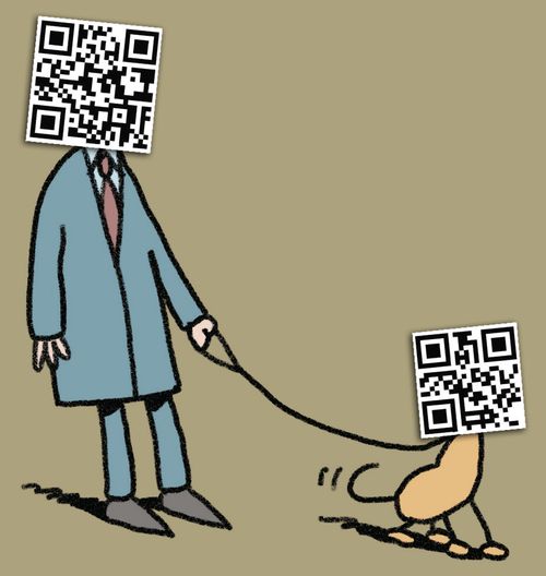 Man and dog with QR-code heads.