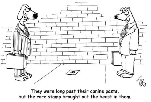 They were long past their canine pasts, but the rare stamp brought out the beast in them.