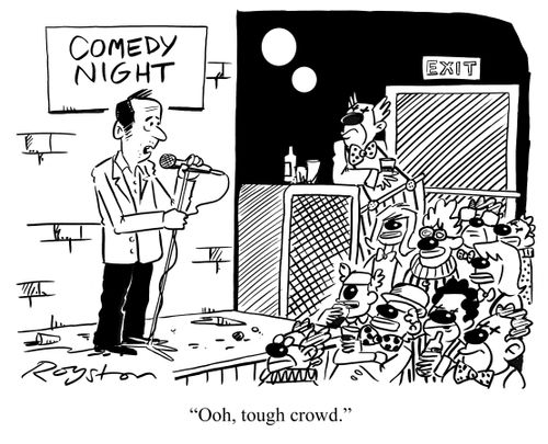 Comedian faces audience of clowns: 'Ooh, tough crowd.'