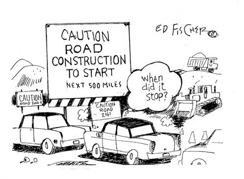 Caution Road Construction to Start: 'When did it ever stop.'