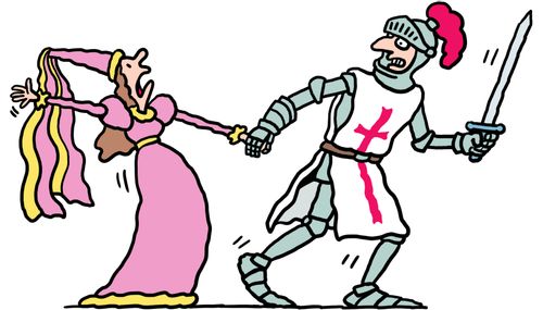 A knight dragging an unwilling maiden