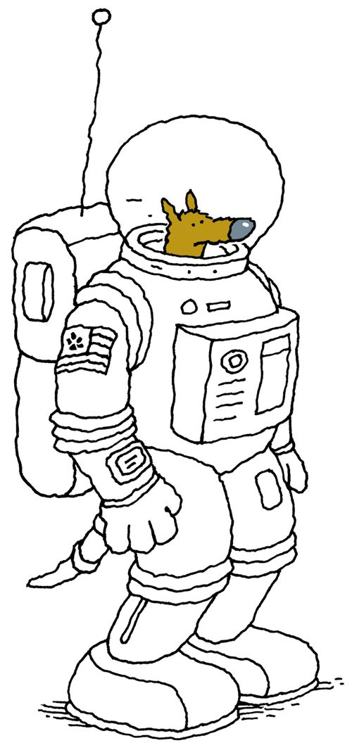 A small dog in a large space suit.