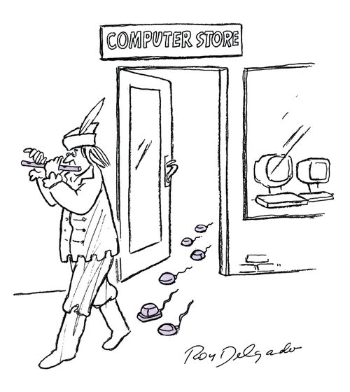 The Pied Piper in a computer shop. 