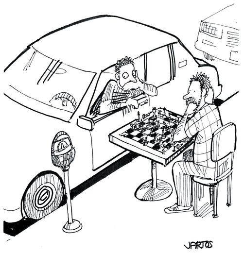 Man playing chess from his parked car.