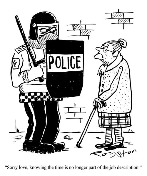 Tooled-up police officer says: 'Sorry love, knowing the time is no longer part of the job description.'