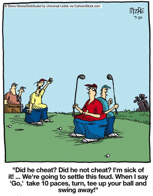 '...When I say 'Go,' take 10 paces, turn, tee up your ball and swing away!'