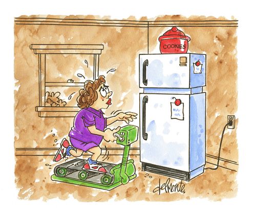 A woman rides a treadmill as she chases a cookie jar on a refridgerator.