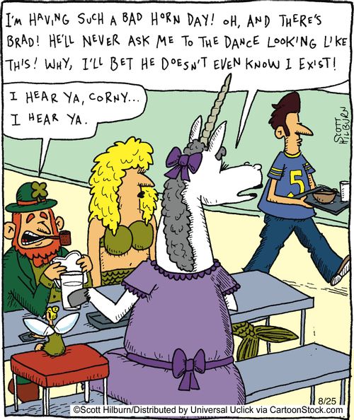 I'm having such a bad horn day! Oh, and there's Brad! He'll never ask me to the dance looking like this! Why, I'll bet he doesn't even know I exist!