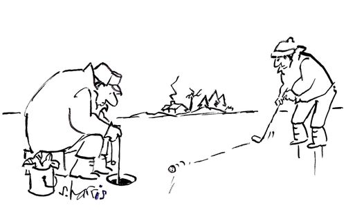 Golfer hits ball towards ice fisherman's fishing hole