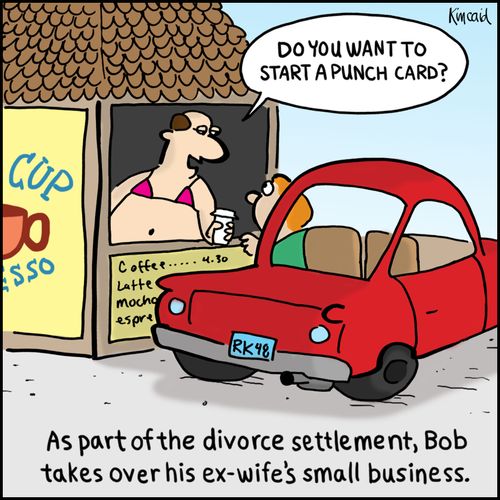 As part of the divorce settlement, Bob takes over his ex-wife's small business.
