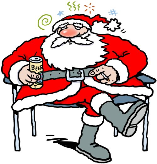 A drunk Santa holding beer and cigarette.