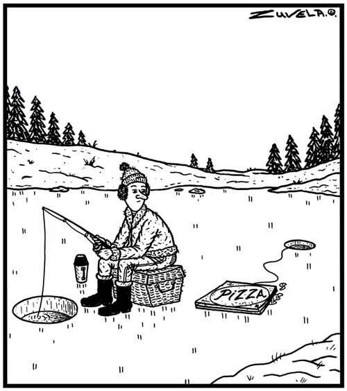 A fish using pizza as bait to catch an ice hole fisherman.