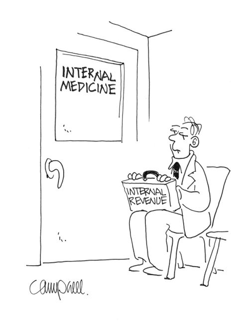 Man with a briefcase marked Internal Revenue waits near door marked Internal Medicine.