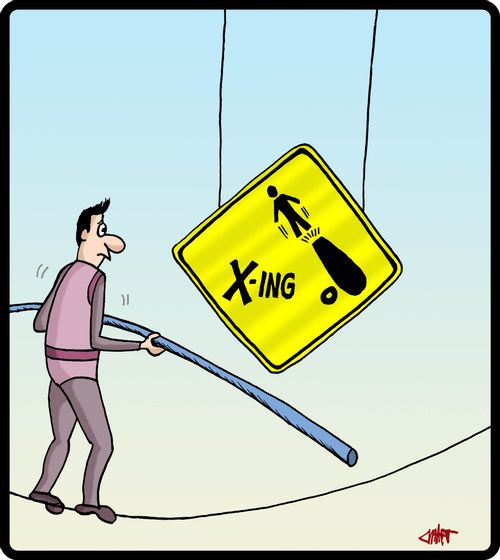 Cannon crossing sign for tightrope walker.