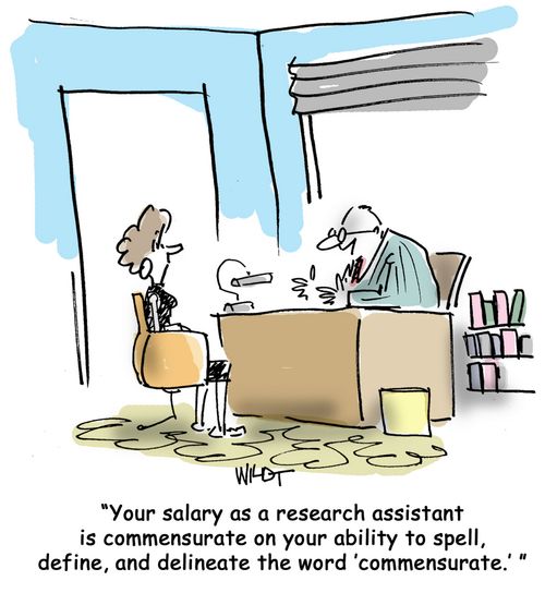 Your salary as a research assistant is commensurate on your ability of spell, define, and delineate the work 'commensurate.'