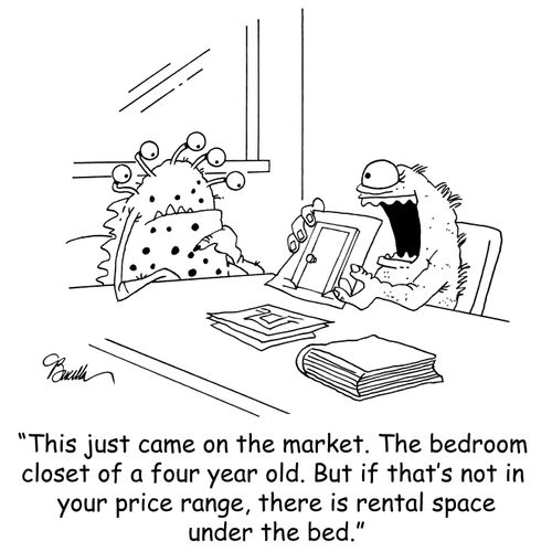 'This just came on the market. The bedroom closet of a four year old. But if that's not in your price range, there is rental space under the bed.'
