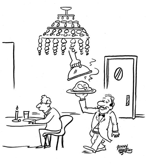 Hand coming out of chandelier pulls cover off waiter's food.