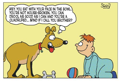 'Hey, you eat with your face in the bowl, you're not house-broken, you can drool as good as I can and you're a quadruped... Mind if I call you 'Brother'?'
