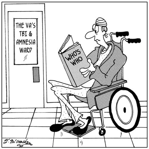 A patient in the 'The VA's TBI & Amnesia Ward' reads the book 'Who's Who.'
