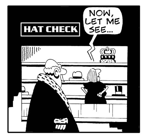 Hat Check: 'Now let me see..' Woman searches for King's crown.