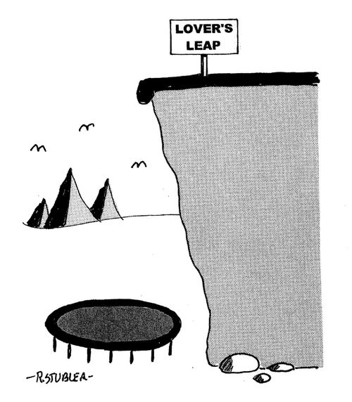 Trampoline under Lover's Leap sign.