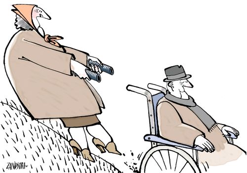 Old lady losing control of wheelchair.