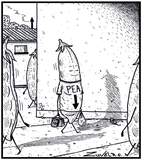 An expecting Pea pod wearing a 'Baby here, arrow t-shirt' saying PEA 