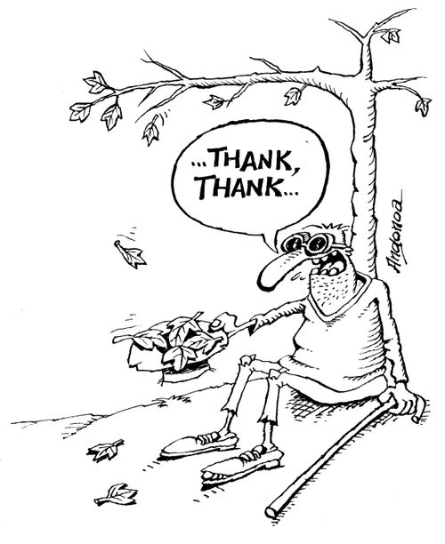 Blind man who thinks leaves are money.