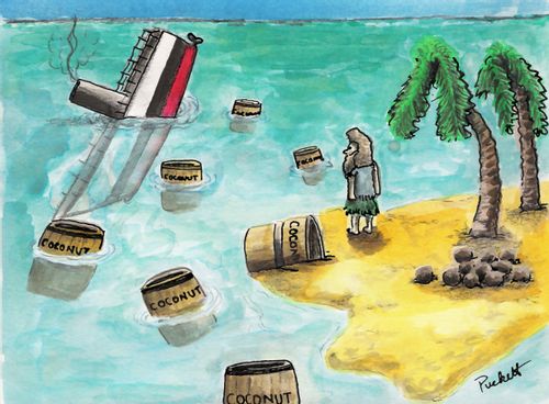 A man on deserted island watches barrels of coconuts drift towards his already coconut laden dwelling place.