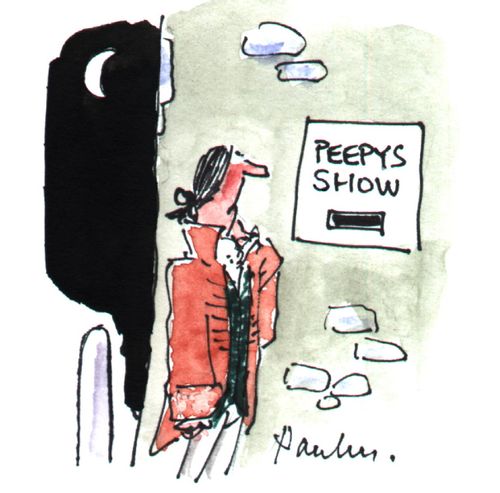18th Century man reading sign 'Peepys Show'