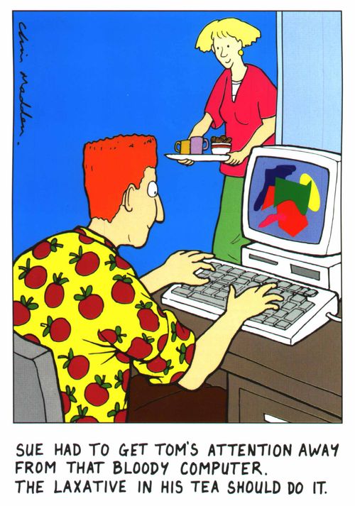 Wife putting a laxative in her husbands drink to get him away from his computer