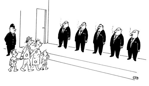 Business men line up at the police station