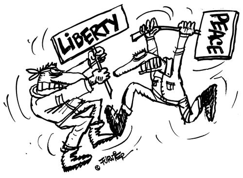 A  libertarian and a pacifist fight each other with placards