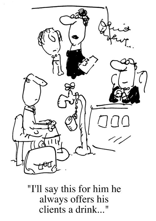 Cup chained to tap, "I'll say this for him he always offers his clients a drink."