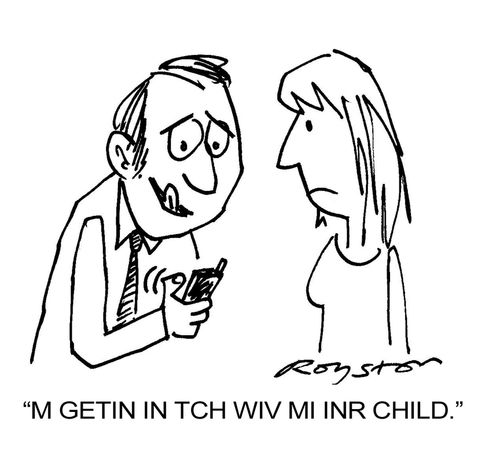 Text message caption: 'M GETIN IN TCH WIV MI INR CHILD.'