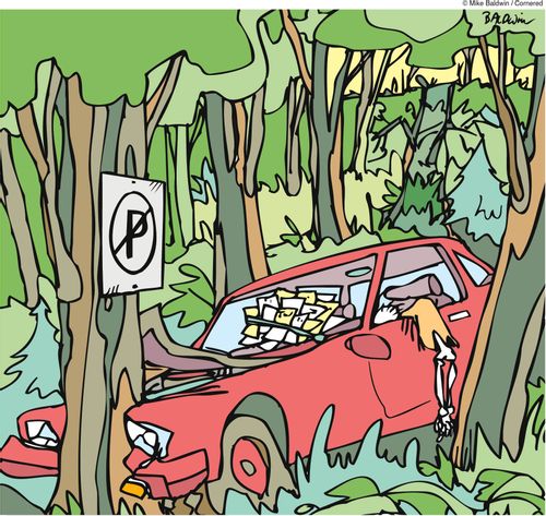Car runs off the road into the woods. A no parking zone.