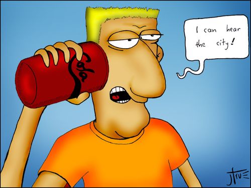 A man holds a can to his ear saying 'I can hear the city'.
