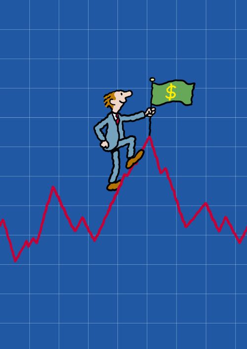 Man climbing line chart, planting profit flag.