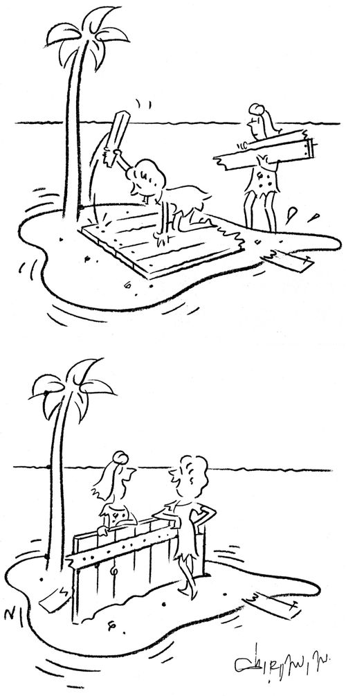 Women on desert island build themselves a fence to talk over.